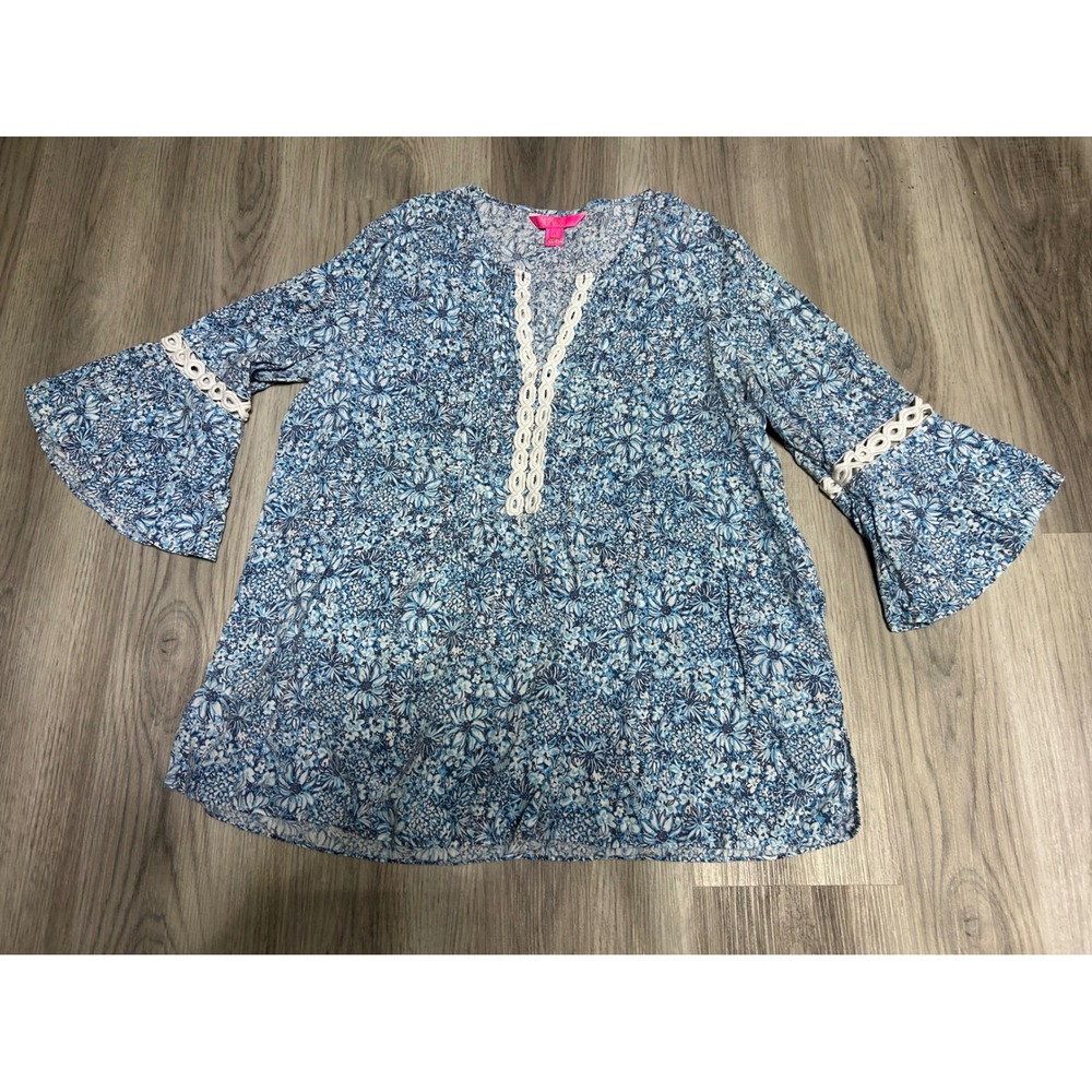Lilly Pulitzer Womens Floral Bell Sleeve Tunic Rayon XL Blue White Crochet Trim